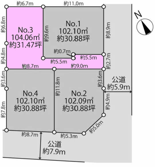 中河原の土地。府中市四谷3丁目g-23387の地形図です。